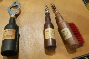 3 VINTAGE BLACK & WHITE SCOTCH WHISKY BAR SET CORK SCREW BOTTLE OPENERS - Picture 1 of 8