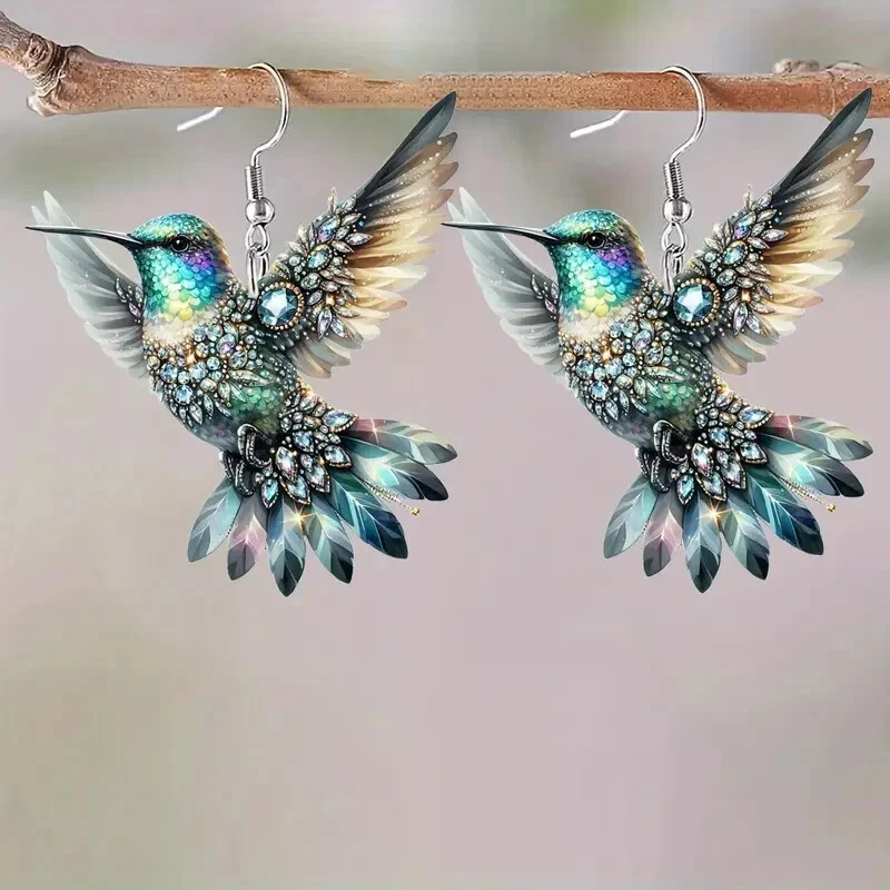 Glamorosos Pendientes Colibrí Acrílico Colorido Diseño 2D Mujer Moda Regalo Foto 1 de 4