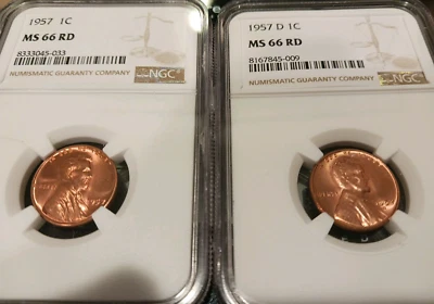 1957 - RD P & D NGC MS66 Set - BU RED Lincoln Cent Nice BU! November SALE! - Image 1 of 3