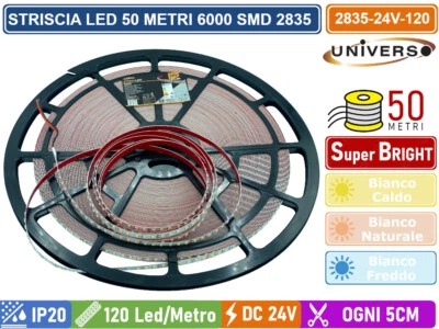 STRISCIA LED SMD 2835 BOBINA 50 METRI 12W/M 24V MONOCOLORE 120 LED/M 53000 LUMEN - Immagine 1 di 3