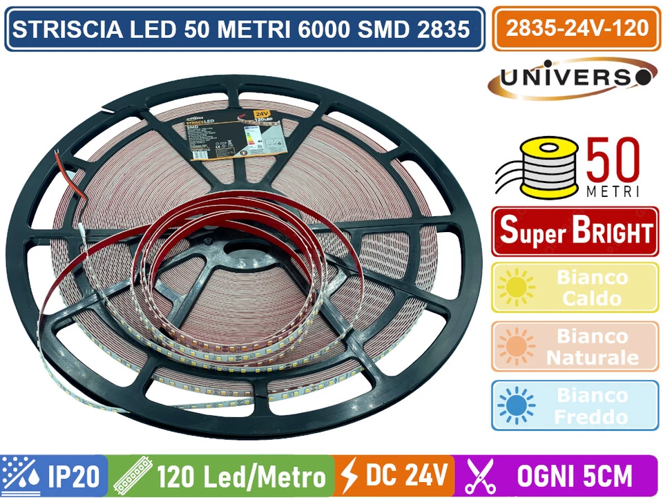 STRISCIA LED SMD 2835 BOBINA 50 METRI 12W/M 24V MONOCOLORE 120 LED/M 53000 LUMEN - Immagine 1 di 3