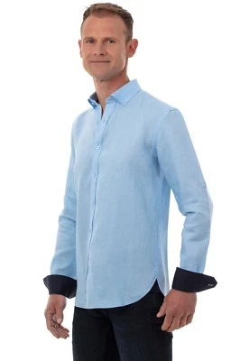 Ugholin Camicia Uomo Casual 100% Lino Manica Lunga Button-Down Celeste - Immagine 1 di 4