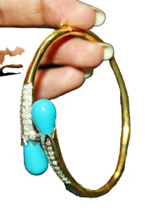 0.90ct Natural Round Diamond 14k Yellow Gold Turquoise Anniversary Bracelet - Picture 1 of 12