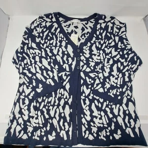 NWT Christopher & Banks L 3/4 Sleeve 3 Button Down Cardigan Sweater Navy White - Picture 1 of 18