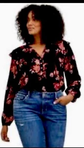 Torrid Size 4 Plus Floral Print Top Black Ruffles Boho Rayon Black & Red Multi - Picture 1 of 17