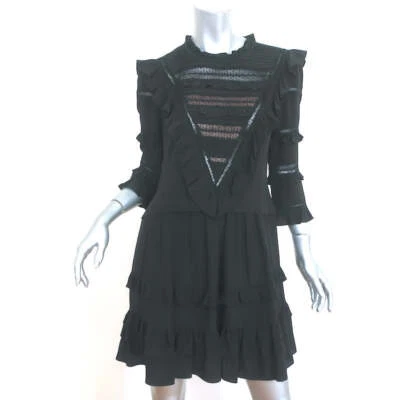 Rebecca Taylor Mini Dress Black Lace-Trim Ruffled Silk Size 6 - Image 1 of 4