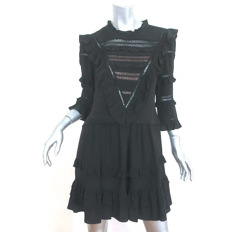 Rebecca Taylor Mini Dress Black Lace-Trim Ruffled Silk Size 6 - Image 1 of 4