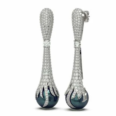 Juego de pendientes de pavé de 4,30 quilates de zafiro simulado y perlas azules del Mar del Sur en plata 925 Foto 1 de 3