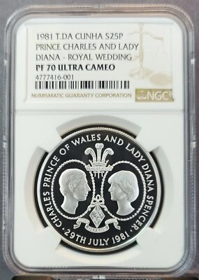 1981 TRISTAN DA CUNHA SILVER 25 PENCE CHARLES & LADY DIANA NGC PF 70 ULTRA CAMEO - Image 1 of 3
