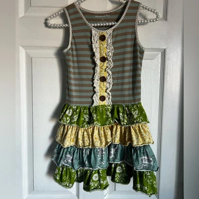 Mostaza Pie Niñas Boutique Boho Lindo Vestido Patinador Volantes Talla 7 Foto 1 de 2