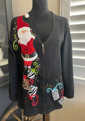Suéter de Natal Berek vintage Papai Noel preto com zíper enfeitado tamanho G peito 39” leitura - Imagem 1 de 4