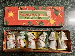 Vintage 1950s Christmas Bells Ornaments Red Letter Japan 1", Original Box, Dozen - Picture 1 of 4