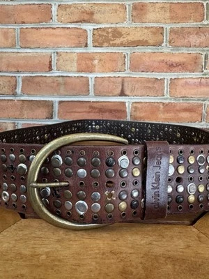Vtg Calvin Klein Jeans Wide Studded Brown Leather Distressed Belt Women Size XL - Image 1 of 4