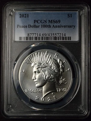 2021 $1 PEACE SILVER DOLLAR 100th ANNIVERSAY COIN PCGS MS69 - Image 1 of 2