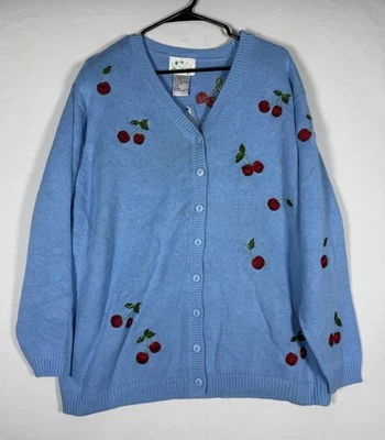 New Quacker Factory Cherry Sweater Womens 1X Blue Cherry Button Covers READ - Image 1 of 4