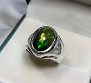 Real 925 Sterling Silver Heavy Men's Ring Natural Black Opal Gemstone Solid Ring - Picture 1 of 5