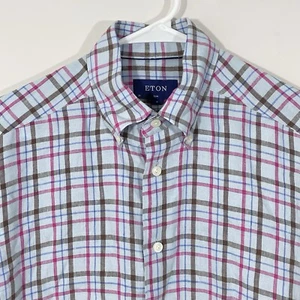 ETON Slim Fit Dress Shirt 15.5 (39) Multicolor Plaid Button Down Linen Shirt - Picture 1 of 5