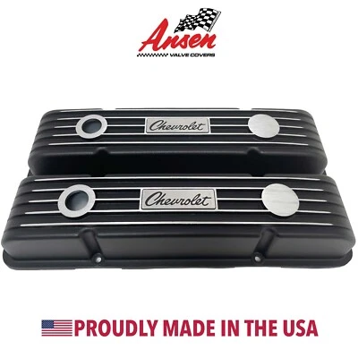 Small Block Chevy Classic Finned Black Valve Covers - Engraved Chevrolet Logo - Изображение 1 из 4