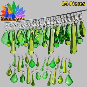 24 Sage Emerald Cut Glass Wedding Crystals Beads Decorations Sun Catcher Prisms - Picture 1 of 13