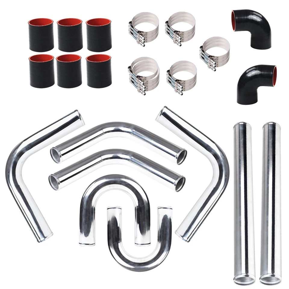 Universal Polished 3'' 76mm Aluminum Intercooler Pipe Kit & Silicone Hose BKRD - Image 1 of 4