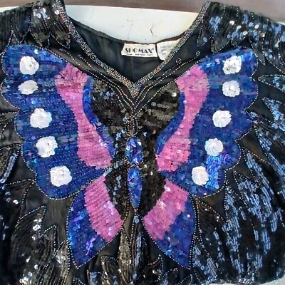 Vtg 1970s Butterfly Silk Top festival  Womens M  Black Purple Sequin   - Image 1 of 4