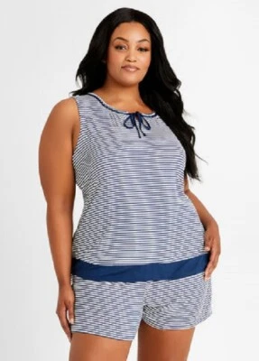 NUEVO CON ETIQUETAS CONJUNTO DE PIJAMA TOP Y SHORTS A RAYAS SUAVES Y ELÁSTICOS ELLEN TRACY $50 3X 3XL Foto 1 de 3