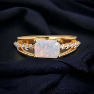 925 Sterling Silver 8x6 mm Baguette Shape Natural Fire Opal Ring Cubic Zirconia - Picture 1 of 4