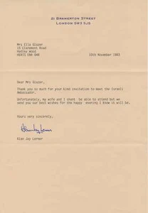Lerner, Alan Jay. Typed Letter re invite to meet Israeli Ambassador - Picture 1 of 1