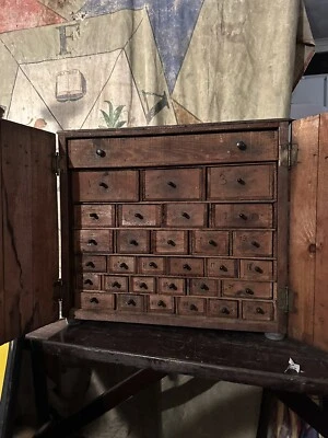 1940s Cabinet Apothecary Industrial Card Catalog Multi Drawer Folk Art Hardware - Image 1 of 4
