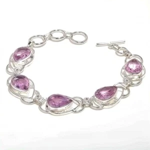 Pink Kunzite Gemstone Handmade 925 Sterling Silver Jewelry Bracelet Size 7-8" - Picture 1 of 1