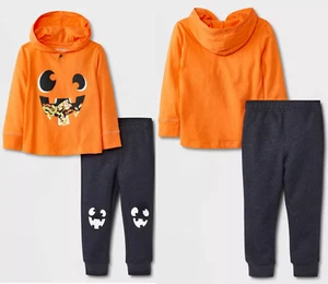 Cat & Jack Halloween Pumpkin Face Hooded Jogger Outfit Toddler Boys - Picture 1 of 5