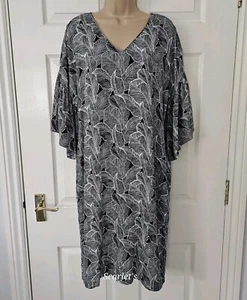Kin John Lewis Dress Size 12 Black & White Pockets Frill Sleeves Leaf Print - Picture 1 of 14