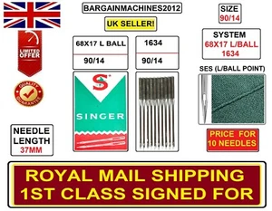 SINGER 68X17 1634 LIGHT BALL POINT SIZE:90/14 INDUSTRIAL SEWING MACHINE NEEDLES - Picture 1 of 6