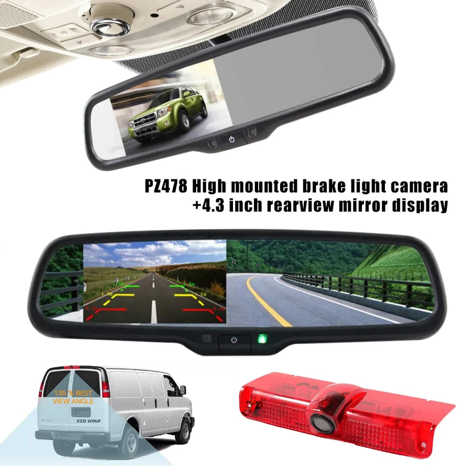 4.3" Mirror Monitor Brake Light Backup Camera For GMC Savana Chevy Express Van - Image 1 of 4
