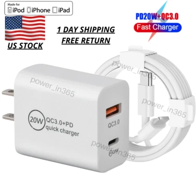 Para iPhone 13 12 11 XR 20W QC 3.0 PD Adaptador de Corriente Bloque USB C Cable Cargador Rápido Foto 1 de 4