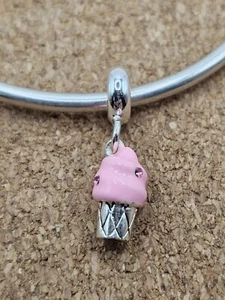 Authentic Pink Cz Silver Ice Cream Cone European Spacer Dangle Charm Bead - Picture 1 of 2