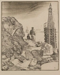 Volker Stelzmann Männer Hafen Leuchtturm Leipziger Schule sign Radierung 1977 - Bild 1 von 2