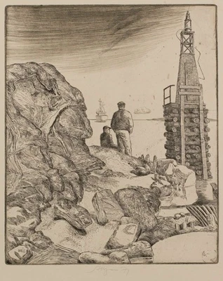 Volker Stelzmann Männer Hafen Leuchtturm Leipziger Schule sign Radierung 1977 - Bild 1 von 2