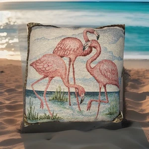 Vtg Tapestry Pillow Flamingo Bay! Gorgeous! 15”x15” - Picture 1 of 4