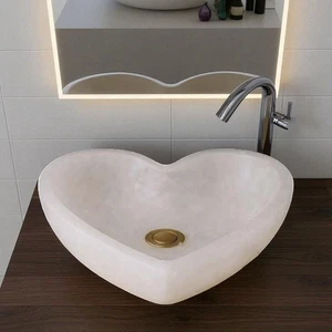 White Quartz Gemstone Heart Design Sink,Stone Vessel Sink Handmade Bathroom Dec - Picture 1 of 10