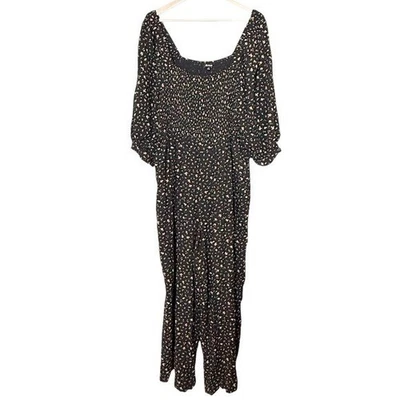 Madewell Lucie Elbow-Sleeve Smocked Wide-Leg Jumpsuit Size 14 Floral Black - Image 1 of 4