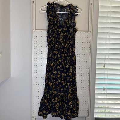 Banana Republic Midi Dress Women's 4 Black Yellow Floral Tie-Neck Sleeveless - Image 1 of 4