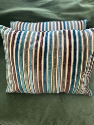 Pair Pier 1 Imports Velvet Striped Throw Pillows Green Blue 18” x 13.5” - Image 1 of 4