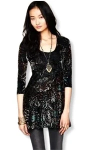 Free People Mini Dress Black Semi Sheer Velvet Print Babydoll 3/4 Sleeve Size M - Picture 1 of 9