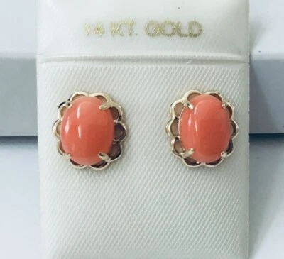 Bonitos aretes ovalados de coral rosa natural genuino de oro amarillo sólido de 14K NUEVO Foto 1 de 4