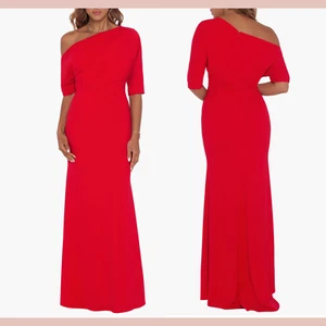 NWD $249 Betsy & Adam [ 12 ] One Shoulder Crepe Scuba Trumpet Gown Red J858 - Picture 1 of 16
