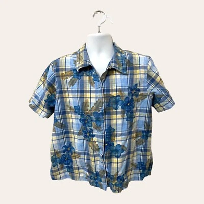 Blusa de mujer Lemon Grass con botones floral a cuadros azul talla 1X algodón Foto 1 de 4