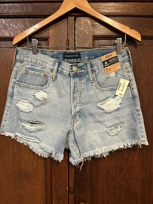 全新 Aeropostale 牛仔短裤女式 10 码 90 年代高腰截止纽扣门襟蓝色 — 第 1/4 张图片