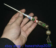 7.6" Old Miao Silver Inlay Green Jade Cloisonne Palace Dragon Head Hairpin
