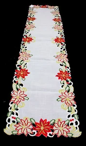 Saro Embroidered and Cutwork Poinsettia Table Runner Ivory 16x72 inches - Picture 1 of 3